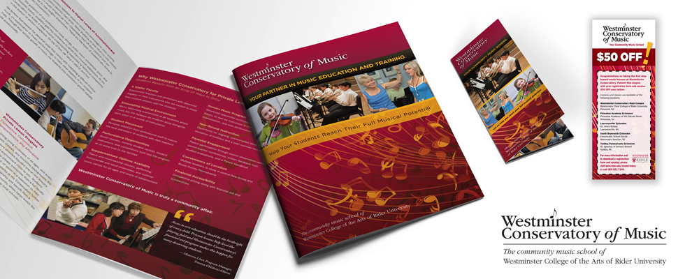 Community music school course catalog and collateral graphic design.